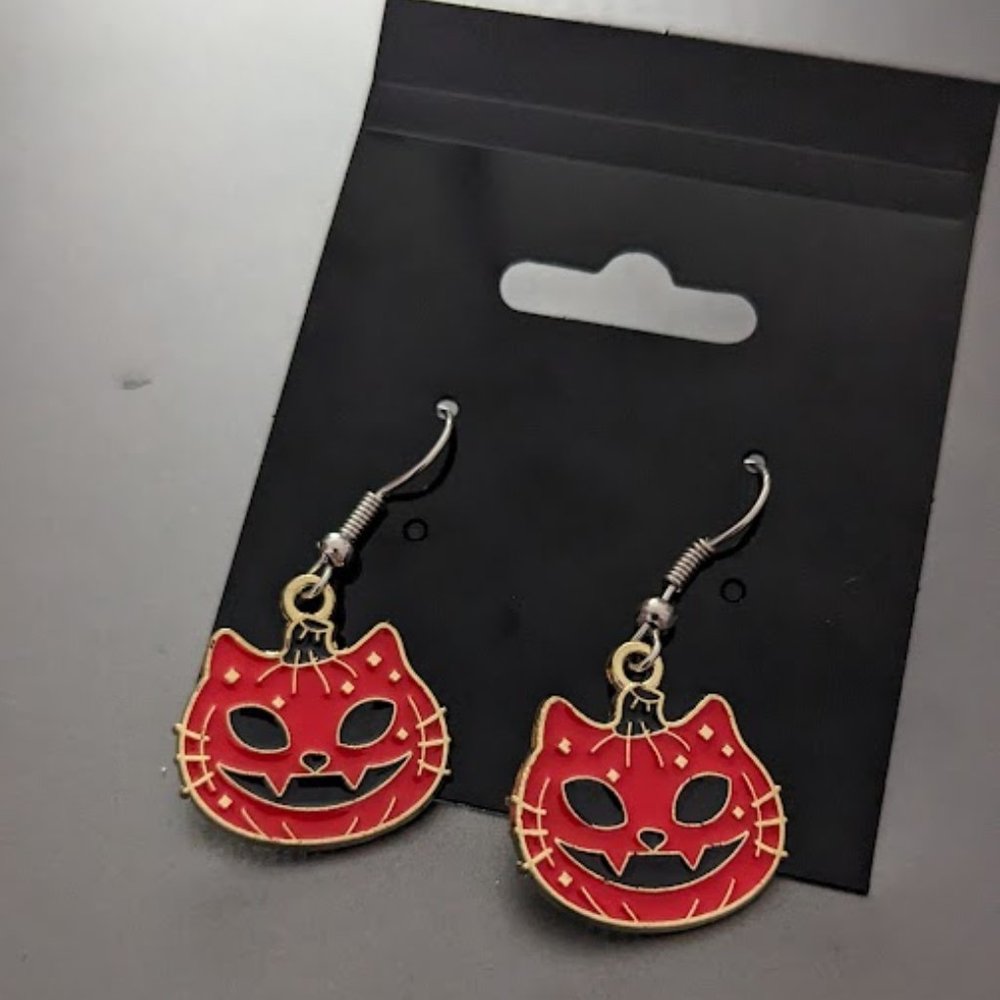 Red and Black Pumpkin Cat Earrings
